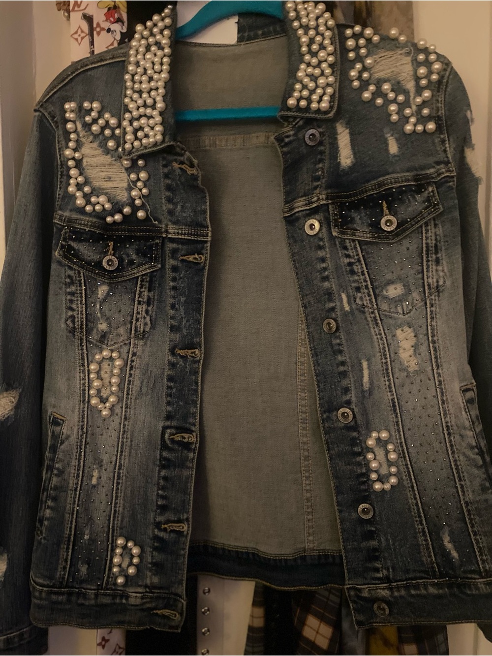 Embellished Pearl Accent Distressed Denim Jacket